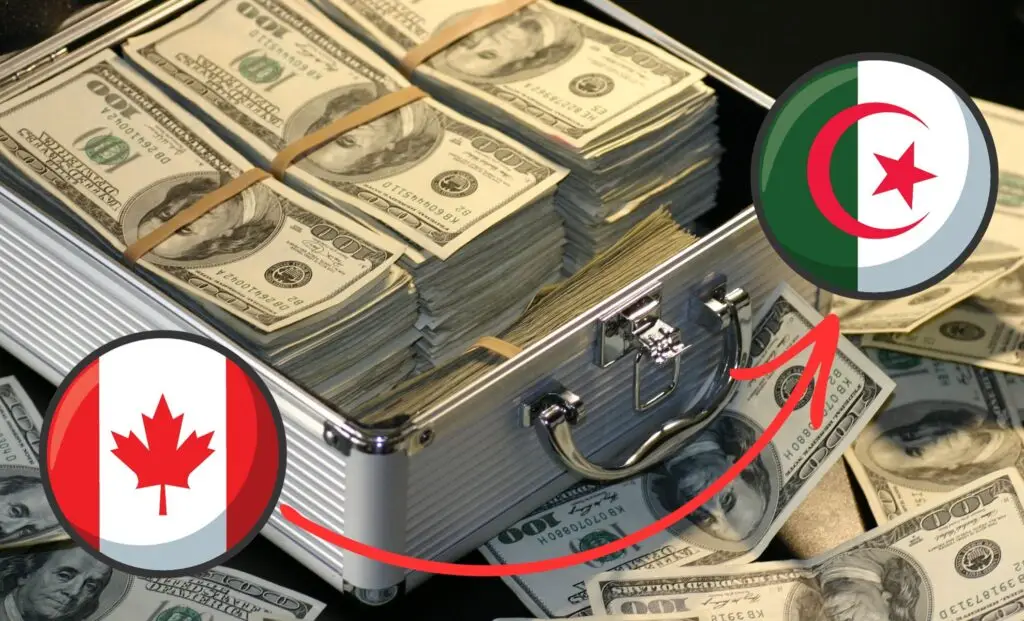 Caisse pleine de billets de 100 dollars, drapeau du Canada et de l'Algérie